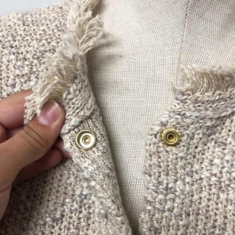 J.Crew Cardigan Sweater Womens XL Beige Fringed Tweed Lady Jacket Old Money